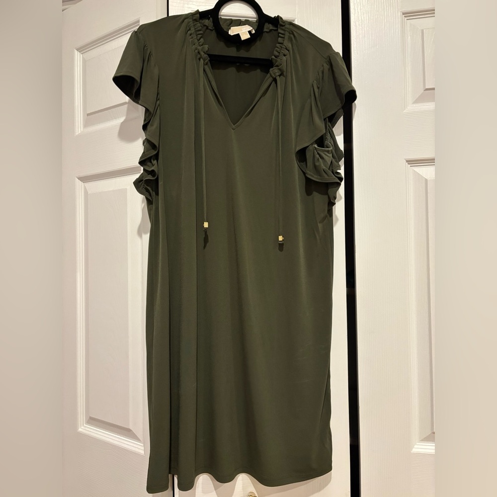Michael Kors Olive Midi Dress with Ruffle Sleeves